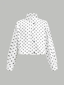 SHEIN Kids Tween Girl New Retro Fashion Autumn Polka Dot Print Long Sleeve Zip-Up Winter Jacket Casual Loose Short Set Y2K Back To School - White - View 8