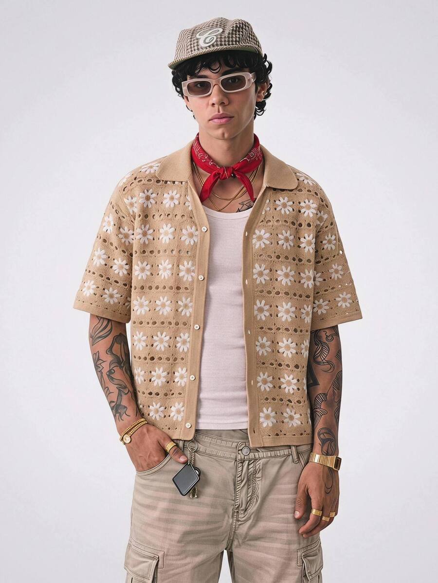 NORVETH Men's Striped Single-Breasted Casual Everyday Knit Top, Hawaii ,Summer,Vacation - Khaki - View 1