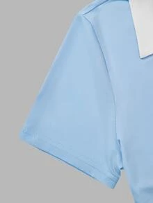 SHEIN 青少年女孩騎士刺繡短袖T恤與抽繩腰短褲休閒套裝 - 藍色 - 查看 6