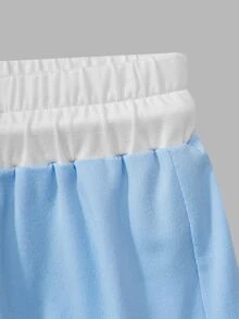 SHEIN 青少年女孩騎士刺繡短袖T恤與抽繩腰短褲休閒套裝 - 藍色 - 查看 9
