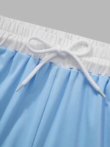 SHEIN 青少年女孩騎士刺繡短袖T恤與抽繩腰短褲休閒套裝 - 藍色 - 查看 8
