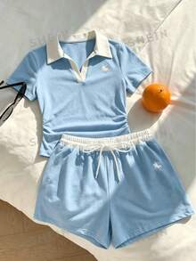 SHEIN 青少年女孩騎士刺繡短袖T恤與抽繩腰短褲休閒套裝 - 藍色 - 查看 11