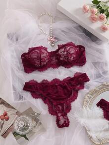 SHEIN MOD 2件套女士优雅性感蕾丝内衣套装 - 酒紅色 - 查看 3