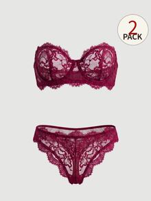 SHEIN MOD 2件套女士优雅性感蕾丝内衣套装 - 酒紅色 - 查看 1