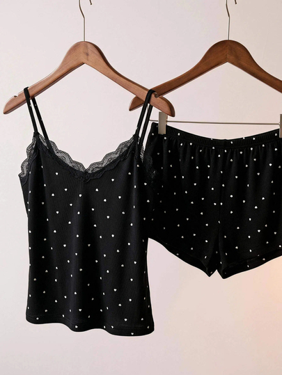 SHEIN MOD Knitted Rib Fabric, Heart Print Patchwork With Lace Trim, Romantic Sweet Cute Sexy Camisole Women Summer Sets Outfit Pajamas Polka Dot Short Set PJS