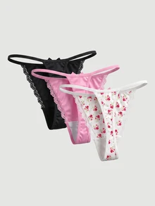 SHEIN MOD 3件套女士蝴蝶结蕾丝拼布花卉印花丁字裤 - 彩色 - 查看 2