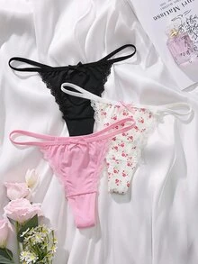 SHEIN MOD 3件套女士蝴蝶结蕾丝拼布花卉印花丁字裤 - 彩色 - 查看 5