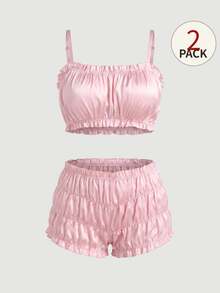 SHEIN MOD 2pcs Adjustable Strap Bra And Panty Set For Women Lace Two Piece Night Set Satin Lingerie Set Skirt Lingerie Set Ruffle Lingerie Lingerie Sleep Set - Pink - View 2