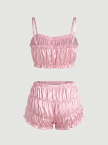 SHEIN MOD 2pcs Adjustable Strap Bra And Panty Set For Women Lace Two Piece Night Set Satin Lingerie Set Skirt Lingerie Set Ruffle Lingerie Lingerie Sleep Set - Pink - View 3