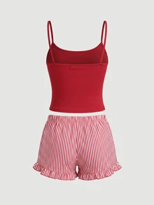 SHEIN MOD 女士蝴蝶结刺绣吊带背心和条纹短裤睡衣套装 - 紅色 - 查看 4