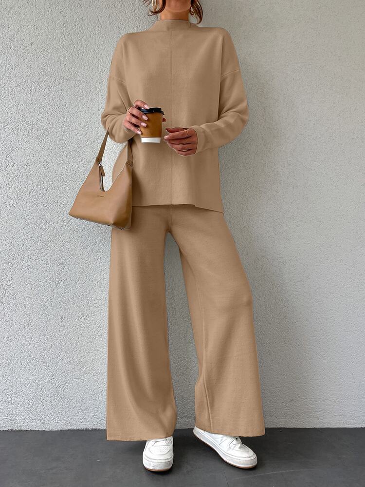 EURMUSE 2pcs Women Knitted Top And Pants Set, Solid Color Long Sleeve Sweater And Long Trousers,Petite,Winter Clothes - Brown - View 5