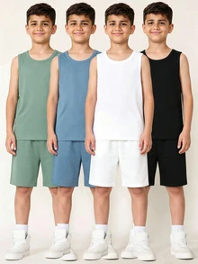 SHEIN 青少年男孩休閒極簡舒適背心，4件/組，多色，適合春夏，通勤、上學、日常休閒、外出、運動、度假 - 彩色 - 查看 3