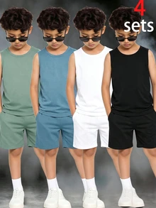 SHEIN 青少年男孩休閒極簡舒適背心，4件/組，多色，適合春夏，通勤、上學、日常休閒、外出、運動、度假 - 彩色 - 查看 1