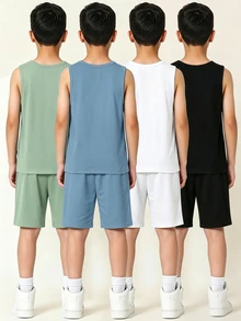 SHEIN 青少年男孩休閒極簡舒適背心，4件/組，多色，適合春夏，通勤、上學、日常休閒、外出、運動、度假 - 彩色 - 查看 2