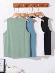 SHEIN 青少年男孩休閒極簡舒適背心，4件/組，多色，適合春夏，通勤、上學、日常休閒、外出、運動、度假 - 彩色 - 查看 8
