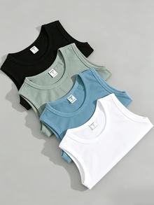 SHEIN 青少年男孩休閒極簡舒適背心，4件/組，多色，適合春夏，通勤、上學、日常休閒、外出、運動、度假 - 彩色 - 查看 4
