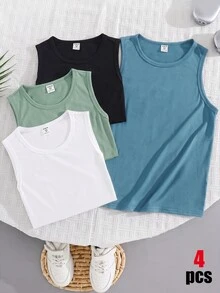 SHEIN 青少年男孩休閒極簡舒適背心，4件/組，多色，適合春夏，通勤、上學、日常休閒、外出、運動、度假 - 彩色 - 查看 6