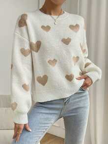 SHEIN PariChic Suéter de hombros caídos con estampado de corazón, suéter de punto de manga larga para otoño e invierno - Multicolor - Ver 4