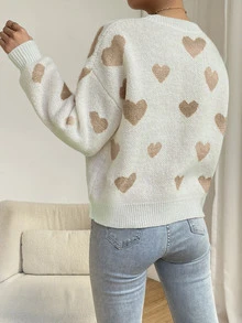 SHEIN PariChic Suéter de hombros caídos con estampado de corazón, suéter de punto de manga larga para otoño e invierno - Multicolor - Ver 3