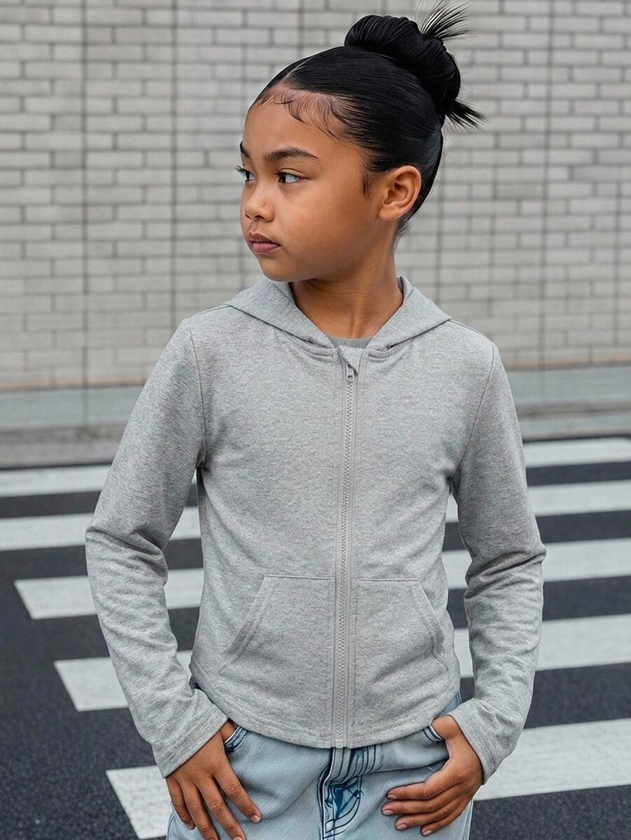 SHEIN Tween Girl Tween Girl Tween Girl Tween Girls Hooded Long Sleeve Grey Floral Jacket Career Day School Autumn Streetwear/Fall,Y2k,Halloween,Winter,Autumn - Grey - View 1