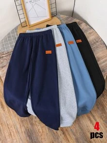 SHEIN 4件組買2送2兒童青少年男孩休閒運動運動褲套裝，黑色運動褲、灰色運動褲、藍色運動褲，適合秋冬、學校、家庭聚會、開學季、運動、玩耍、生日派對、攝影、度假、節日 - 彩色 - 查看 3
