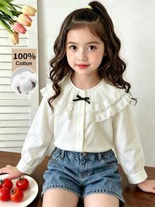 SHEIN 女童粉色單層蕾絲荷葉領襯衫，前胸固定黑色蝴蝶結，抽褶燈籠長袖，公主風，春秋款 - 白色 - 查看 3
