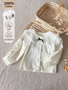 SHEIN 女童粉色單層蕾絲荷葉領襯衫，前胸固定黑色蝴蝶結，抽褶燈籠長袖，公主風，春秋款 - 白色 - 查看 7