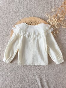 SHEIN 女童粉色單層蕾絲荷葉領襯衫，前胸固定黑色蝴蝶結，抽褶燈籠長袖，公主風，春秋款 - 白色 - 查看 2