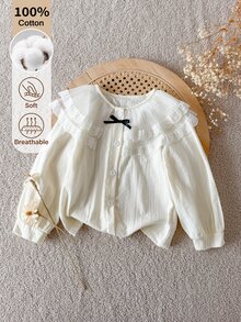 SHEIN 女童粉色單層蕾絲荷葉領襯衫，前胸固定黑色蝴蝶結，抽褶燈籠長袖，公主風，春秋款 - 白色 - 查看 1