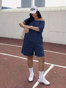 Muchica 大尺碼夏季休閒純色不對稱領上衣與短褲兩件套 - 藏蓝色 - 查看 6