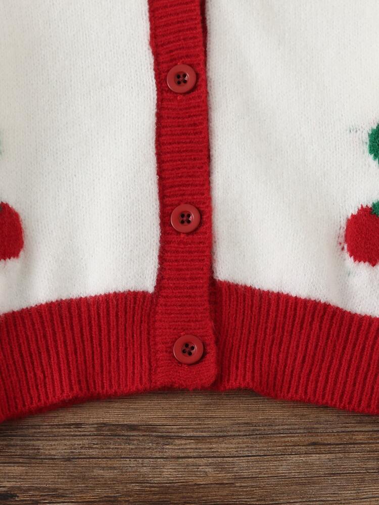 SHEIN Tween Girl Fashion Casual Sweet Cherry Jacquard Cardigan Christmas Holiday Outfits Autumn/Winter Back To School Clothes Girls Long Sleeve - Red - View 4