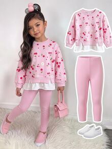 SHEIN 女童櫻花印花長袖連帽衛衣＋粉色打底褲兩件套 - 粉色 - 查看 3