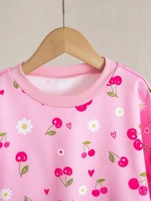 SHEIN 女童櫻花印花長袖連帽衛衣＋粉色打底褲兩件套 - 粉色 - 查看 7