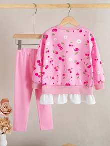 SHEIN 女童櫻花印花長袖連帽衛衣＋粉色打底褲兩件套 - 粉色 - 查看 6