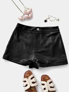 SHEIN LUNE 時尚極簡純色鱷魚紋PU皮革短褲，休閒款 - 黑色 - 查看 1