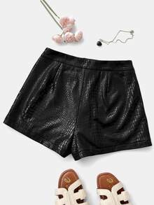 SHEIN LUNE 時尚極簡純色鱷魚紋PU皮革短褲，休閒款 - 黑色 - 查看 2
