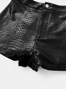 SHEIN LUNE 時尚極簡純色鱷魚紋PU皮革短褲，休閒款 - 黑色 - 查看 7