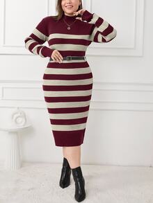 EURMUSE PLUS SIZE MULTICOLOR STRIPE CASUAL SWEATER DRESS - Burgundy - View 1