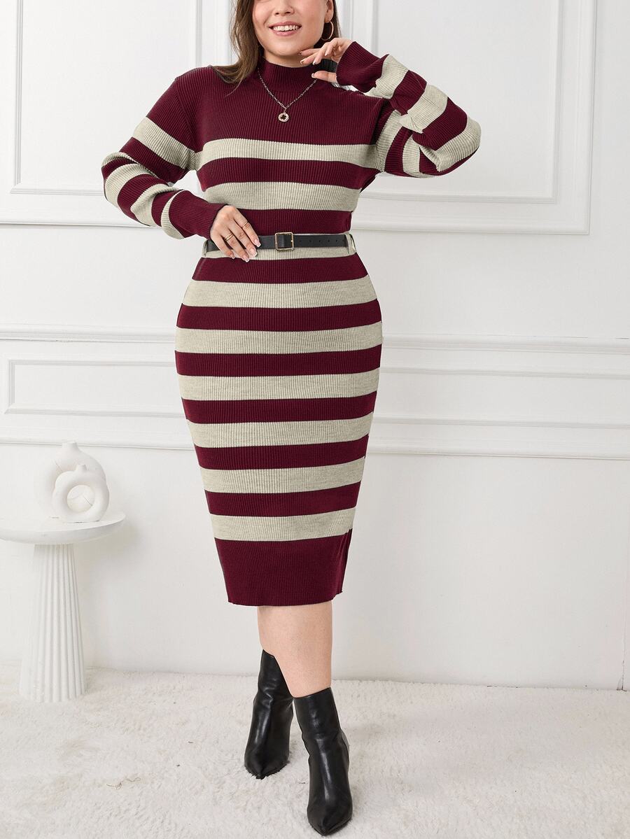 EURMUSE PLUS SIZE MULTICOLOR STRIPE CASUAL SWEATER DRESS - Burgundy - View 1
