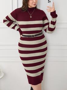 EURMUSE PLUS SIZE MULTICOLOR STRIPE CASUAL SWEATER DRESS - Burgundy - View 3