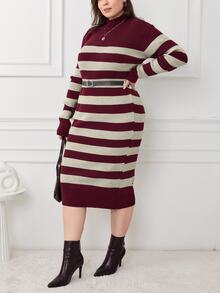 EURMUSE PLUS SIZE MULTICOLOR STRIPE CASUAL SWEATER DRESS - Burgundy - View 6