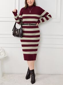 EURMUSE PLUS SIZE MULTICOLOR STRIPE CASUAL SWEATER DRESS - Burgundy - View 4