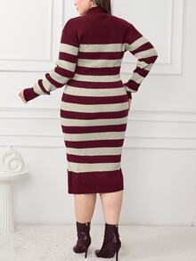 EURMUSE PLUS SIZE MULTICOLOR STRIPE CASUAL SWEATER DRESS - Burgundy - View 2
