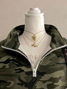 SHEIN EZwear 女款半拉鍊小高領運動衫，橄欖綠深藍迷彩印花圖案，秋季穿搭服飾，通勤基本上衣，休閒街頭風 - 彩色 - 查看 3