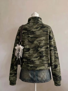 SHEIN EZwear 女款半拉鍊小高領運動衫，橄欖綠深藍迷彩印花圖案，秋季穿搭服飾，通勤基本上衣，休閒街頭風 - 彩色 - 查看 2