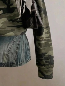 SHEIN EZwear 女款半拉鍊小高領運動衫，橄欖綠深藍迷彩印花圖案，秋季穿搭服飾，通勤基本上衣，休閒街頭風 - 彩色 - 查看 4