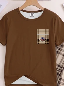 2pcs Tween Boy Fashion Simple Allover Print Coffee Color Plaid Small Pocket Decorative Print Round Neck Pullover Short Sleeve Top With Coffee Color Plaid Pattern All-Over Print Loose Knit Fabric Comfortable Casual Fashion Homewear Two Pieces Set Pajamas - Coffee Brown - View 5