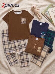 2pcs Tween Boy Fashion Simple Allover Print Coffee Color Plaid Small Pocket Decorative Print Round Neck Pullover Short Sleeve Top With Coffee Color Plaid Pattern All-Over Print Loose Knit Fabric Comfortable Casual Fashion Homewear Two Pieces Set Pajamas - Coffee Brown - View 4