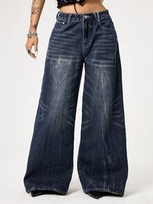 SHEIN X YERIMUA ROMWE Grunge Punk Spring Carnival Y2K Punk Style Butterfly Embroidered Vintage Distressed Loose Wide-Leg Jeans - Blue - View 3