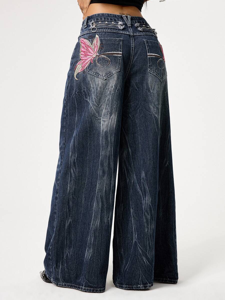 SHEIN X YERIMUA ROMWE Grunge Punk Spring Carnival Y2K Punk Style Butterfly Embroidered Vintage Distressed Loose Wide-Leg Jeans - Blue - View 1